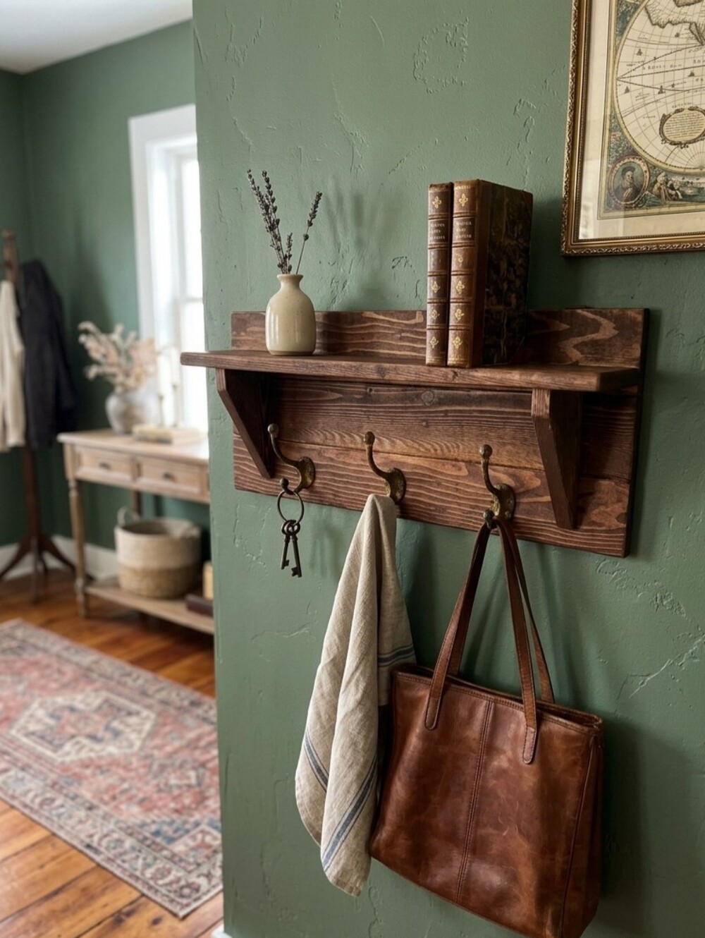 Rustic Wood Wall Shelf with Hooks - Brown